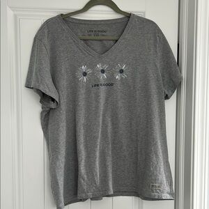 Gray V-Neck T-Shirt with Floral Design